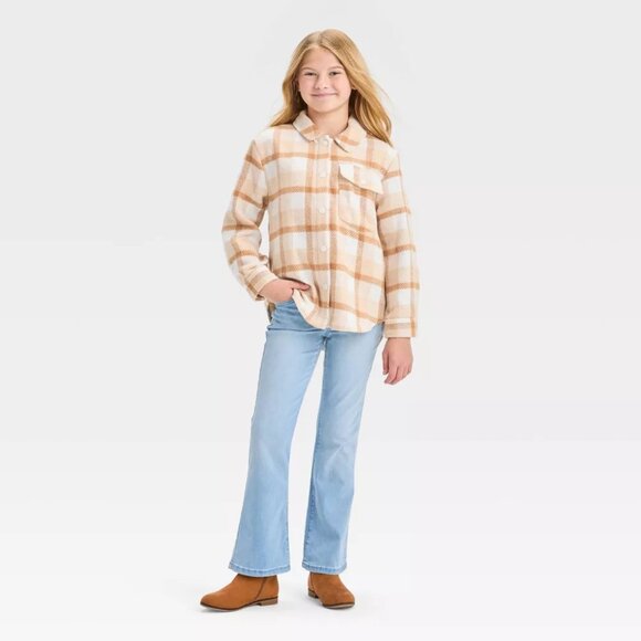 Cat & Jack - Girls' Plaid Button-Front Long Sleeve Shacket - Beige Plaid - Picture 3 of 13